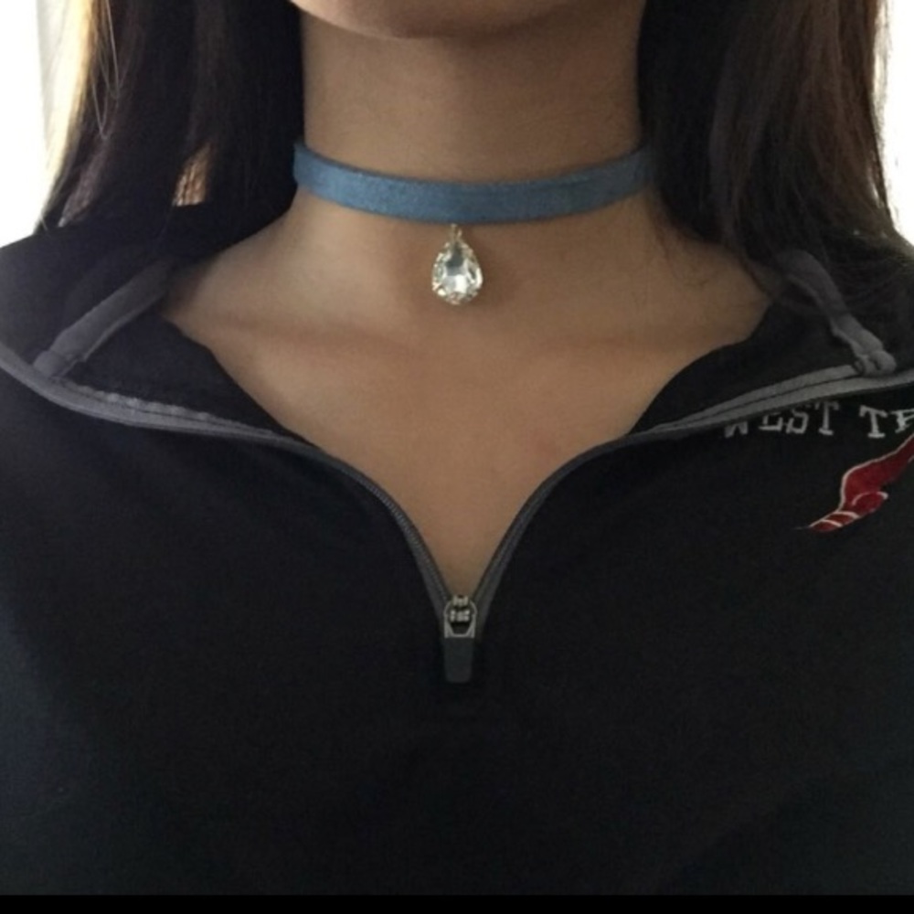 Denim Jewel Diamond Crystal Drop Choker Necklace